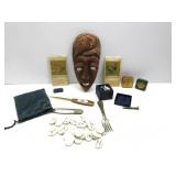 Vtg Items,Wood Mask,Letter Opener,Advertising Tins