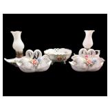 Ceramic Swan Trinket Dishes W/Ceramic Oil Lanterns