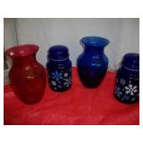 2 Blue Snow Flake Storage Jars/ Red & Blue Vase's