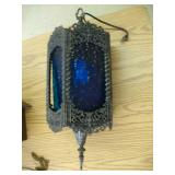 Vintage Brass Hanging Lamp Blue Glass