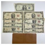 (8) Red Seal $2 Bills + (1) $1 Silver Cert in Cove