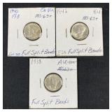 (3) AU-UNC Mercury Dimes: 1938, 1940, 1942