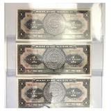 (3) 1961 Mexico 1 Peso Notes, Consecutive Serial