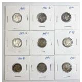 (9) WWII Era Silver Mercury Dimes, 1940-1945