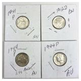 (4) WWII Era Mercury Dimes, AU & BU