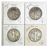 (4) 1940-43 Walking Liberty Silver Half Dollars