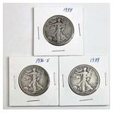 1934, 36-S, 37 Walking Liberty Silver Half Dollars