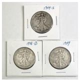 1944-S, 46-D, 47 Walking Liberty Silver Half Dolla