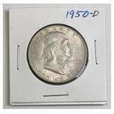1950-D Franklin Silver Half, AU-UNC, Bell Lines