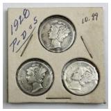 1928 Mercury Dimes All 3 Mints Date Set