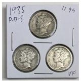1935 Mercury Dimes All 3 Mints Date Set