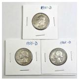 1951-D, 55-D, 62-D Washington Silver Quarters