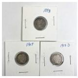 1898, 1907, 1908-D Barber Silver Dimes, US 10c