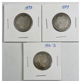 1893, 1897, 1916-D  Barber Silver Quarters 25c