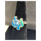 925 Silver Signed Opalite & Blue Gemstone Ring