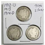 1912-D, 1913, 1914-D Barber 90% Silver Dimes