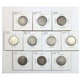 (10) 1892-1911 Barber 90% Silver Quarters, Unique