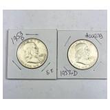 1953-D, 1957-D Franklin Silver Half Dollars