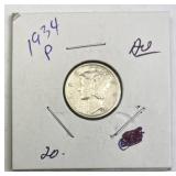 1934 Mercury Silver Dime, Nice AU, U.S. 10c