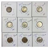 (9) Toned 1950s-1960s Roosevelt Silver Dimes