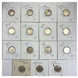 (15) AU/BU Rosy Dimes, 1950s-60s, All Different