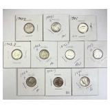 (10) Different WWII Era Silver Mercury Dimes 40s