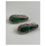 Vintage 925 Silver Green Banded Stone Earrings