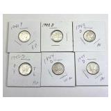 (6) Silver Mercury Dimes, U.S. 10c, WWII Era 40s