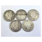 (5) Barber Silver Half Dollars, (3) 1899, 1903, 07