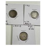 1900, 1913, 1914-D Barber Dimes, Assorted Grade