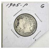 1905 Barber Silver Quarter, U.S. 25c Coin, Good