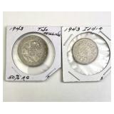 1943 Silver 2 Shilling & Half Rupee, British/India