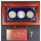 (3) U.S. Silver Dollar Set in Wooden Box w/ Key