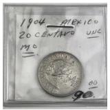 1904-Mo Mexico 20 Centavos AU+, Scarce 276k