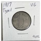 1917-Type I Standing Liberty Quarter, 90% Silver