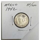 1942 Mexico 20 Centavos Silver, AU-UNC