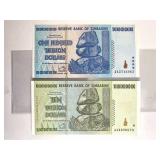 Zimbabwe 10 & 100 Trillion Notes, Crisp UNC
