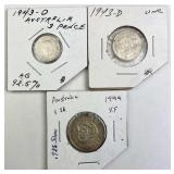 (3) WWII Era Silver Australian Coins 1943 & 44