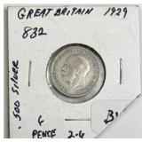 1929 Great Britain Silver 6 Pence Coin