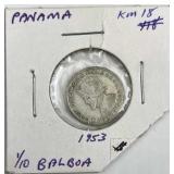 1953 Panama Silver 1/10 Balboa Coin