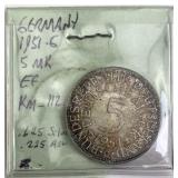 1951-G Germany Silver 5 Mark Coin, Toned