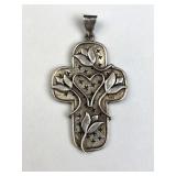 Vintage 925 Silver Heart & Rose Large Cross Pend.