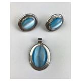 925 Silver & Blue Stone Pendant w/ Earrings Set
