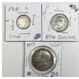 1908 Barber Dime, 1964 .25c, 1967 JFK Half
