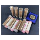 (12) Rolls BU Copper Pennies + Amer. Rev. Medal