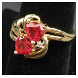 10K Yellow Gold w/ Heart Rubies Diamond Ring