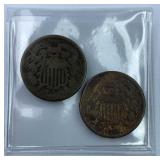 Pair of U.S. 2 Cent Pieces, 1865 & Worn Date