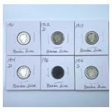(6) 1911-1916S Barber Silver Dimes
