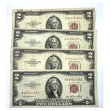 (4) 1953 Red Seal $2 U.S. Notes