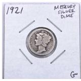 1921 Mercury Silver Dime, Key Date, G